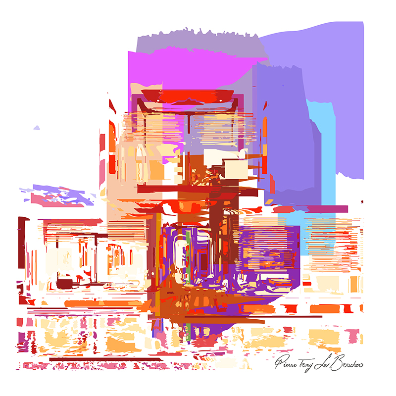 Architecture résidentielle contemporaine aux volumes cubiques transformée en composition graphique rouge, rose, violette, bleue et blanche, œuvre de la série Architexture.